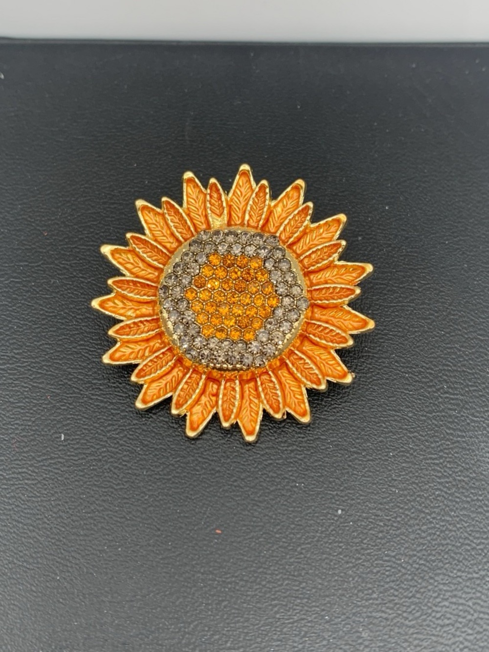Gold-Tone Orange Sunflower Crystal Brooch - Women Accessories